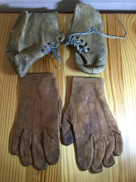 Antique Tiny Leather Baby Gloves and Booties
