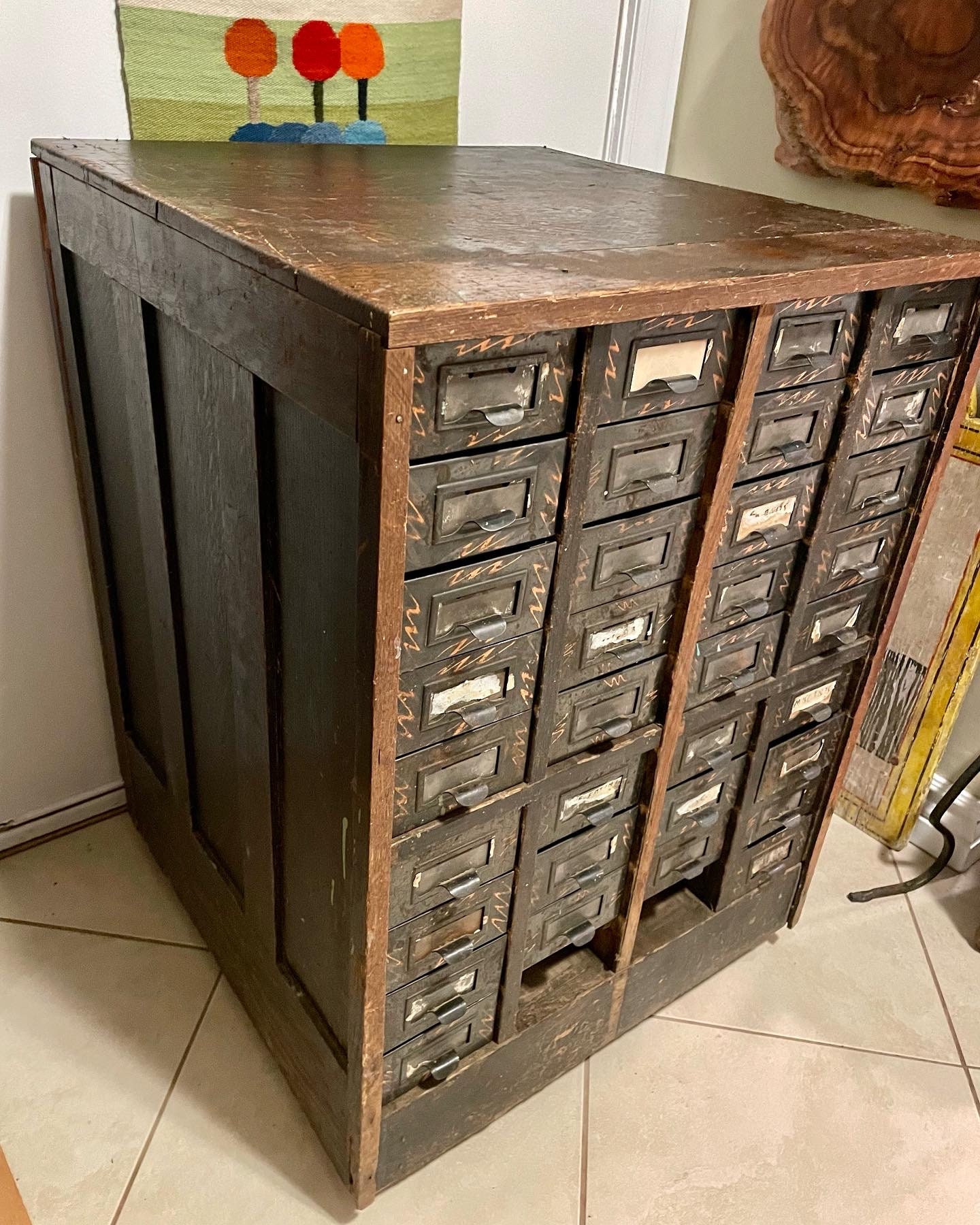 1920's Yawman and Erbe 34 Drawer Chest, Oak Cabinet With Metal