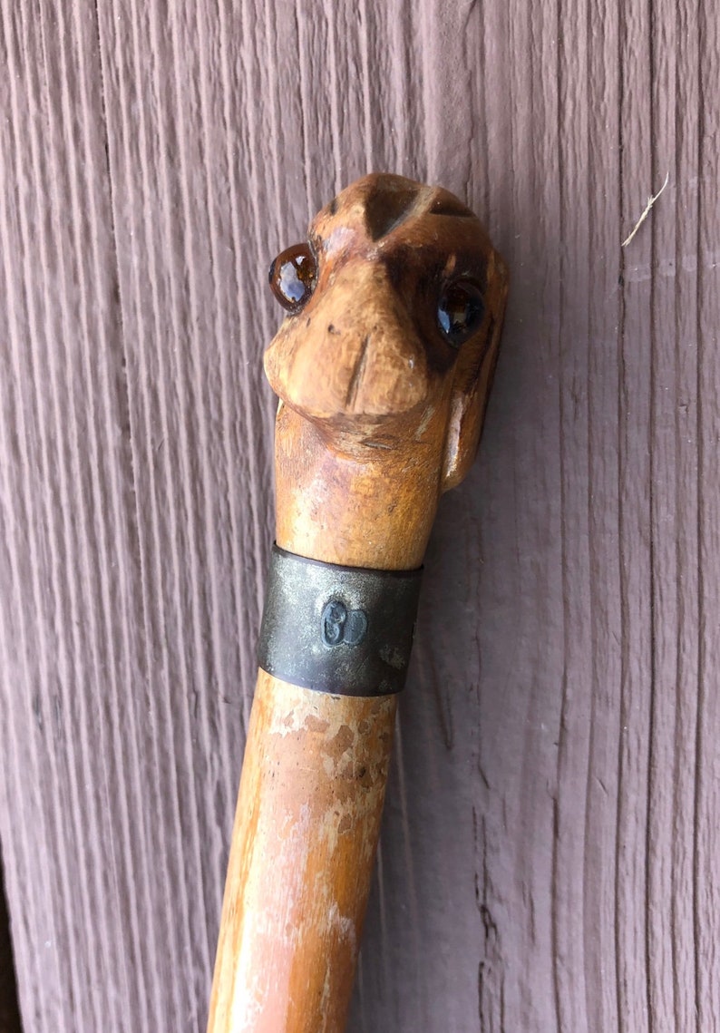 1930’s shops Carnival Cane Carved Folk Art Dog Head top
