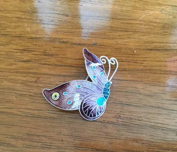 Antique Sterling Silver Cloisonne Butterfly Brooc… - image 1