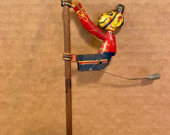 Antique German Tin Litho Climbing Monkey Toy