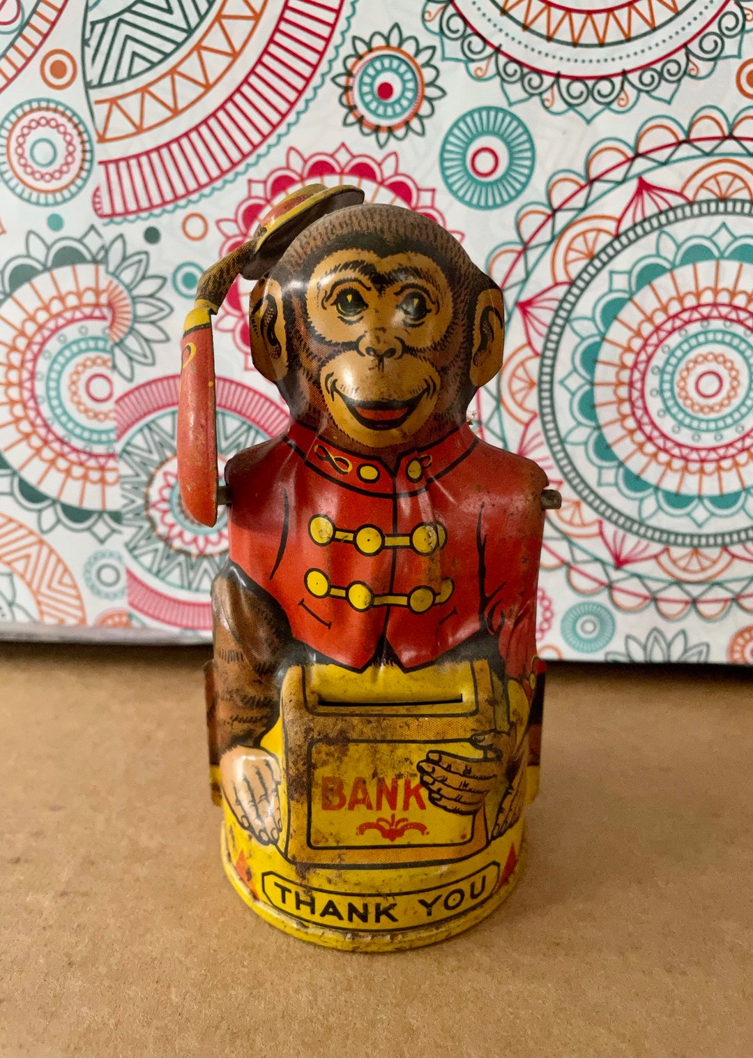 J.chein Tin Toy Mechanical Monkey Coin Bank Etsy