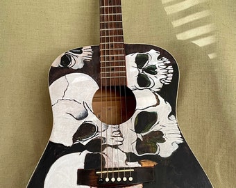 Folk Art Guitar With Skulls, PBR Advertising and Tattoo
