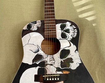 Folk Art Guitar with Skulls, PBR advertising and Tattoo Flash Letters, White Trash MF