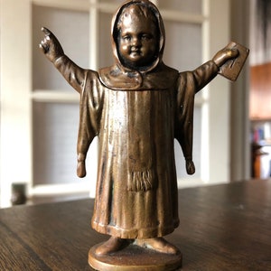 Creepy Munich Child Preacher, Antique Bronze Match Holder, Vesta Case image 2