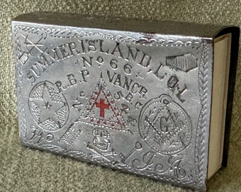Antique Fraternal Silver Matchsafe with Skull and Crossbones, Coffin, Militaria
