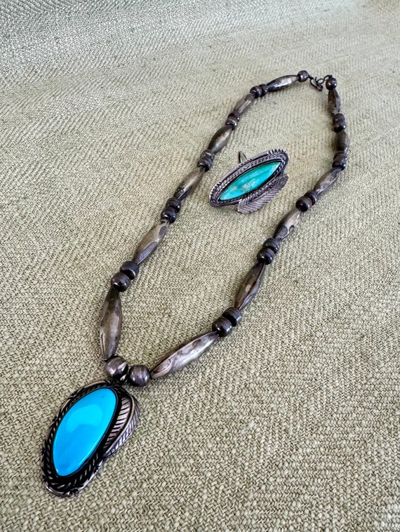 Vintage Navajo Silver and Turquoise Necklace and … - image 2