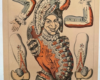 May include: A vintage paper doll of a jester, or Punch, with a colorful costume and a large hat. The doll is made up of separate pieces that can be cut out and assembled. The image includes the text "POLICHINELLE (Pantin)."