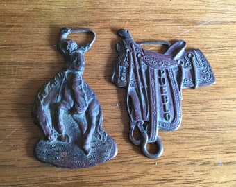 Antique Cowboy Western Rodeo Bronze Advertising Watch Fobs, pair