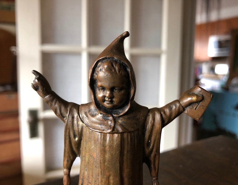 Creepy Munich Child Preacher, Antique Bronze Match Holder, Vesta Case image 7