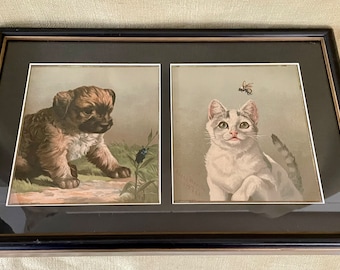 Framed 1877 Dog Cat and Insect lithographed trade cards