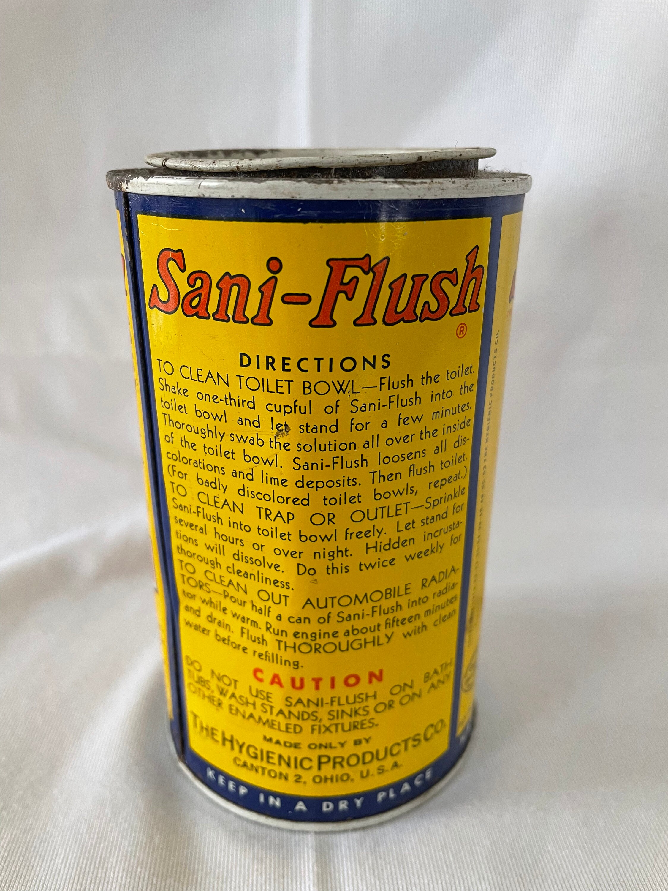 Vintage 1950's Sani Flush Poison Toilet Cleaner Can, Advertising