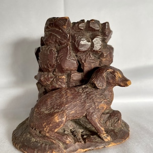Antique Folk Art Carved Wood Dog Match Holder