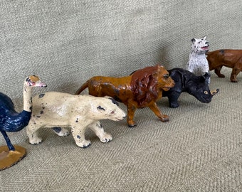 6 antique Painted Metal Zoo Animals made by Hill & co. England