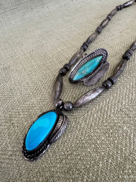 Vintage Navajo Silver and Turquoise Necklace and … - image 1