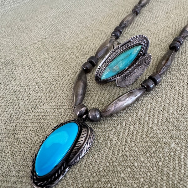 Vintage Navajo Silver and Turquoise Necklace and Ring, old Pawn