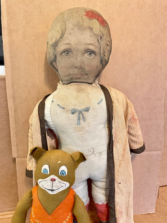 Large Antique Ragdoll With Dog Friend, Antique Cloth Dolls - Etsy