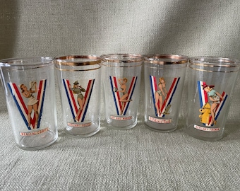 5 Antique WWII Victory Glasses with Pin Up Girls