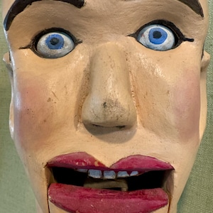 Vintage Folk Art Ventriloquist Dummy Head with Articulating Eyes and Jaw