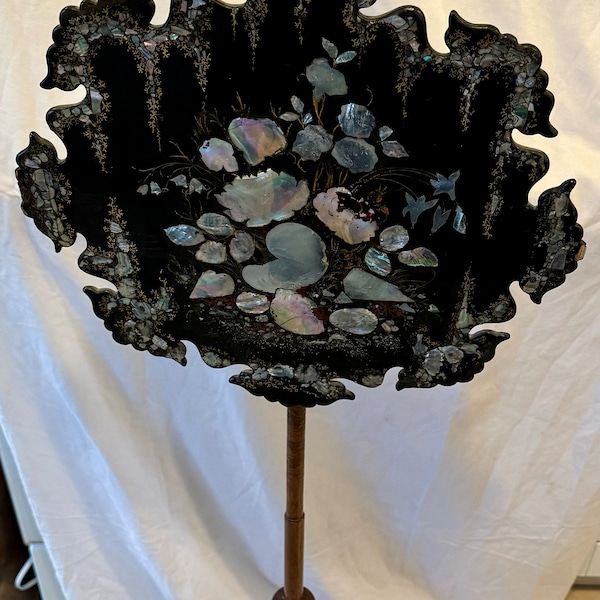Antique Victorian Pole Screen, Paper Mache with Abalone inlay of Wysteria