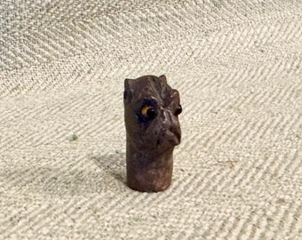 Tiny Carved Wood Bulldog Head Pencil Topper, Glass eyes