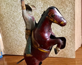 Giddy Up! Vintage Tin Toy Cowboy on Bucking Bronco