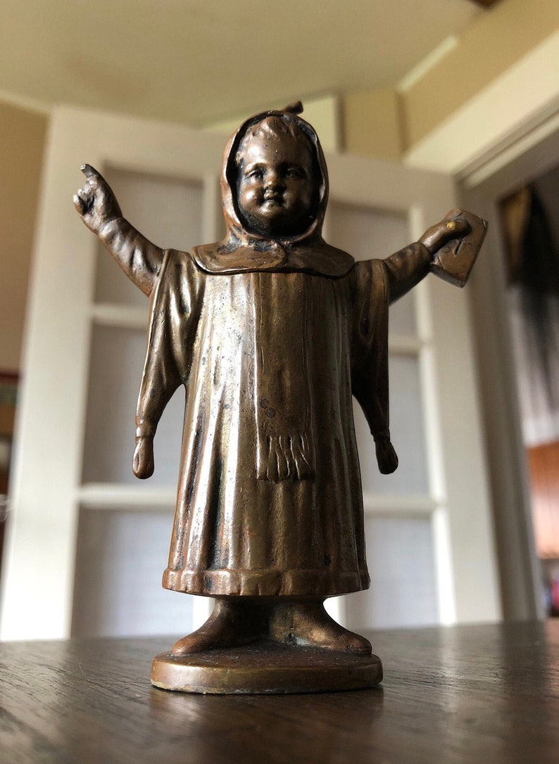 Creepy Munich Child Preacher, Antique Bronze Match Holder, Vesta Case image 1