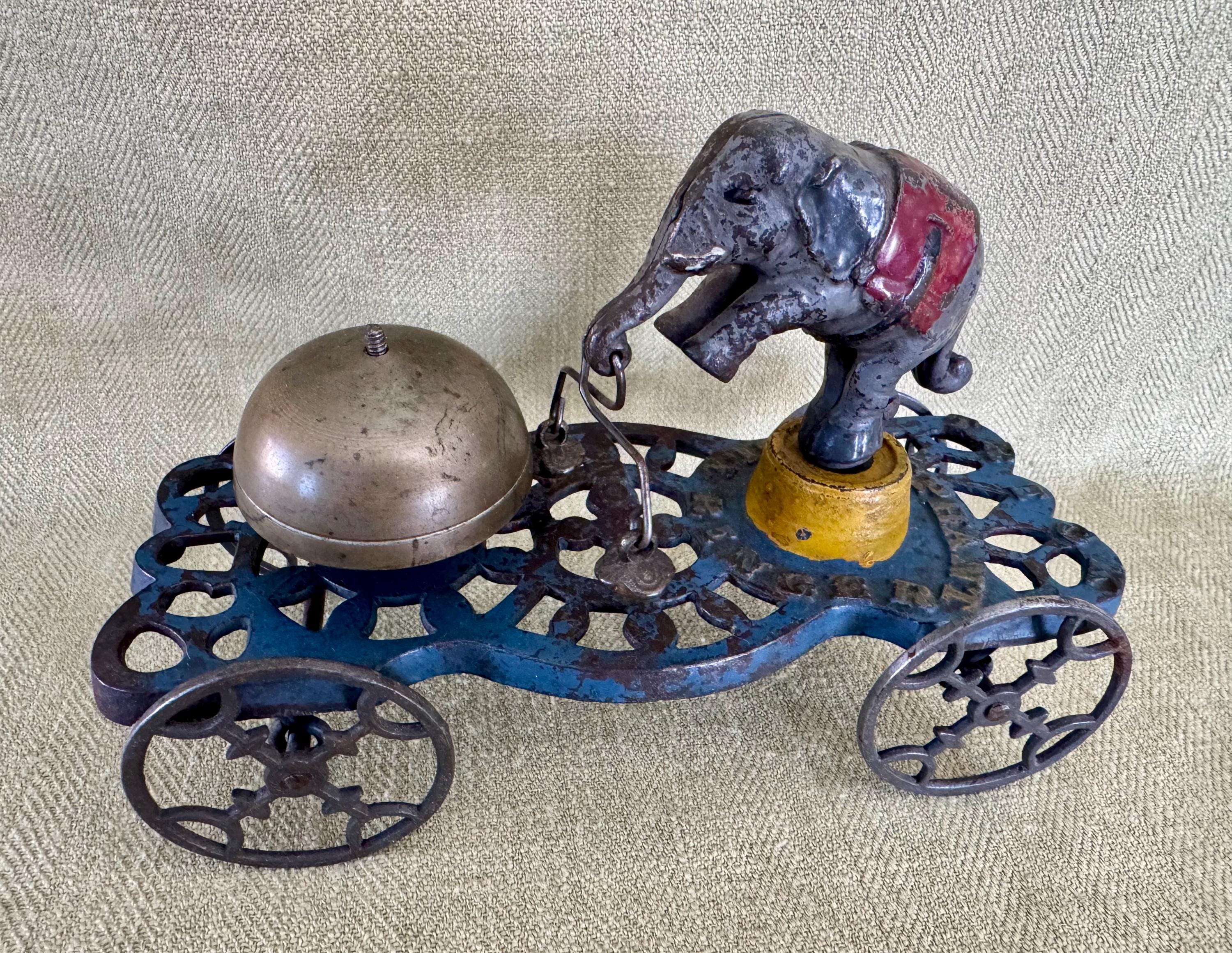 Antique Trick Elephant Bell Ringer Cast Iron Pull Toy, Early