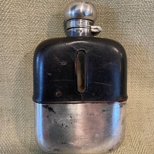 Antique James Deakin & Sons Silver Hip Flask, English Sterling over Glass with leather