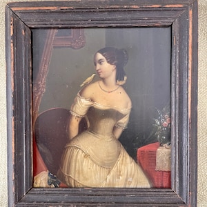 Stunning Early 19th Century Painting on Tin Panel, Miniature Portrait Woman and Bird