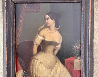 Stunning Early 19th Century Painting on Tin Panel, Miniature Portrait Woman and Bird