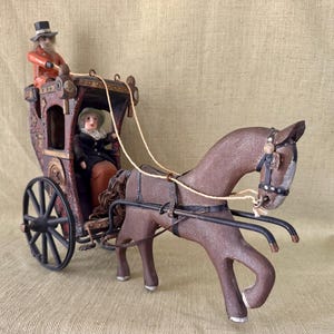 Antique Folk Art Hanson Cab With Horse and Passenger, hand carved wood