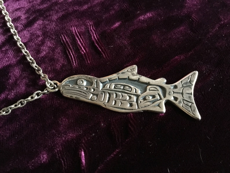 Heavy Native Pacific NW Haida Whale and Baby Whale Sterling Silver Pendant