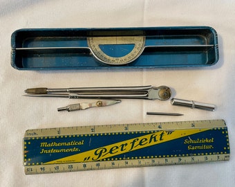 Super Cool Vintage German Mathematical Tool Set in Tin