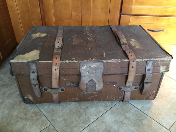 Large Antique 1850's Leather Trunk, with Labels - image 2