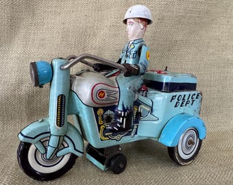 トイガン YaYa Vintage Yoshiya Japan Tin Wind up Police Trike, Motorcycle, Bump