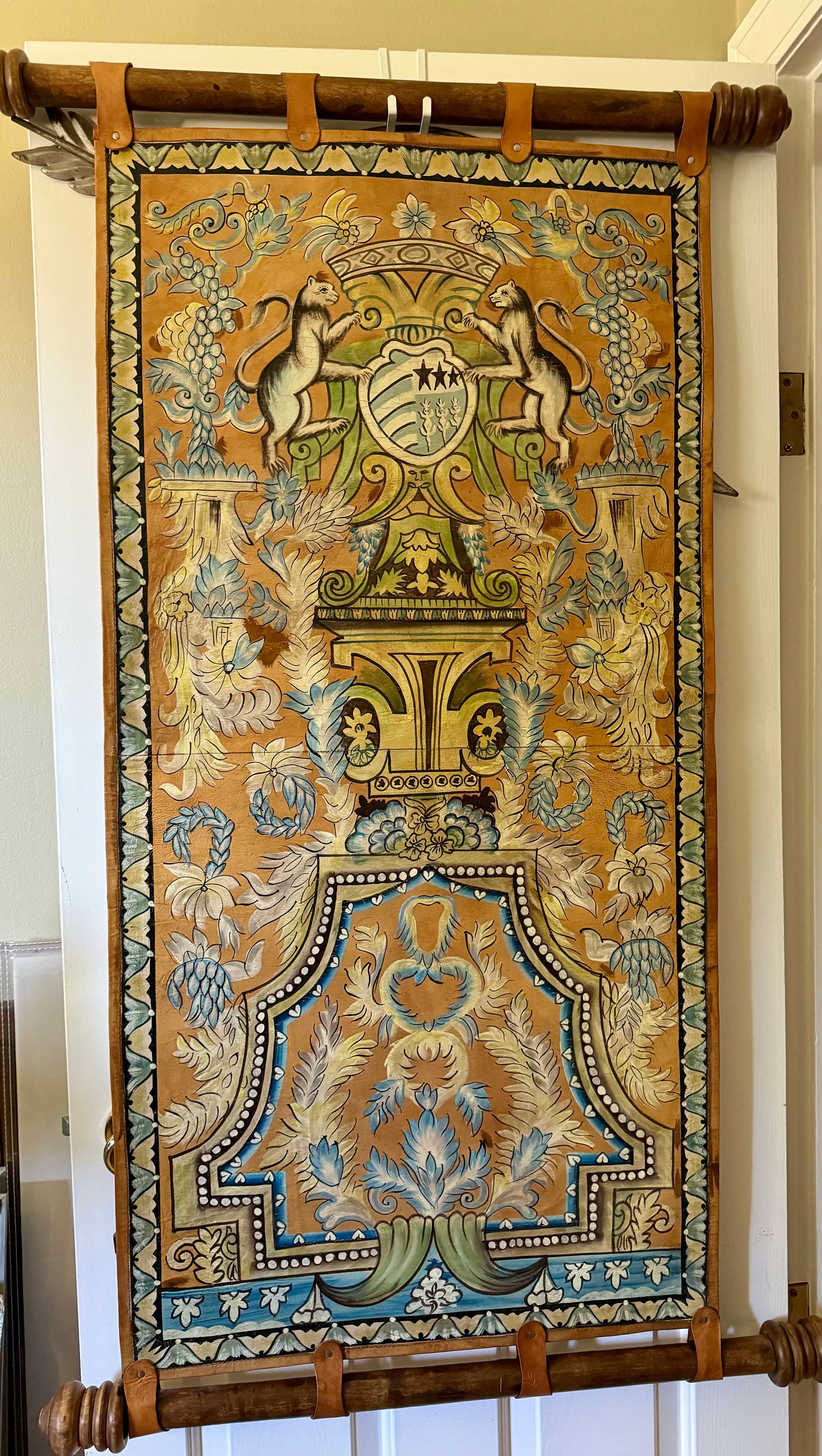 Unusual Folk Art Painted Leather Scroll Wall Hanging With Crest - Etsy