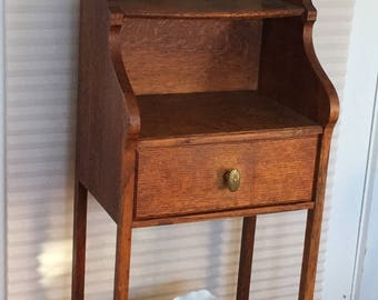 Antique 1920’s Quartersawn Oak Shaving Stand with Original Mirror, Divided Drawer, Two Tier