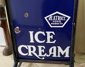 Antique Original 1930’s Sidewalk Sign, Perfection Ice Cream, porcelain Enamel, in Stand