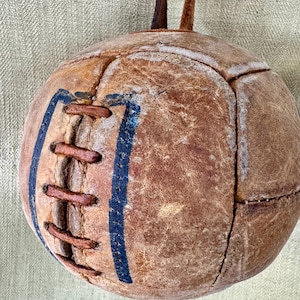 May include: A vintage leather soccer ball with brown and blue accents. The ball has a stitched design with brown leather laces and blue stripes. The ball is weathered, showing signs of age and use, and has two brown leather loops at the top.