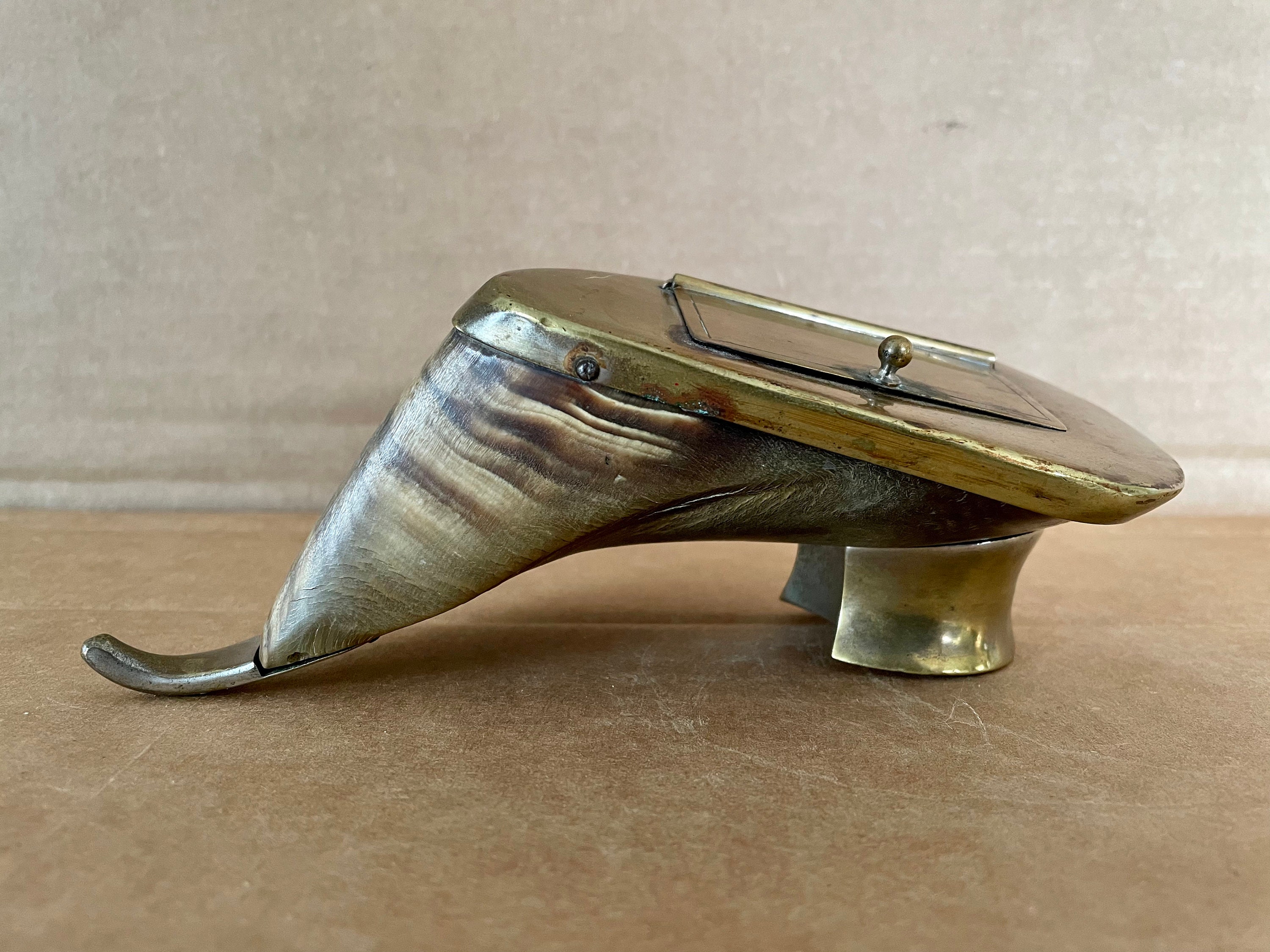 Cow hoof snuff box with pewter lid