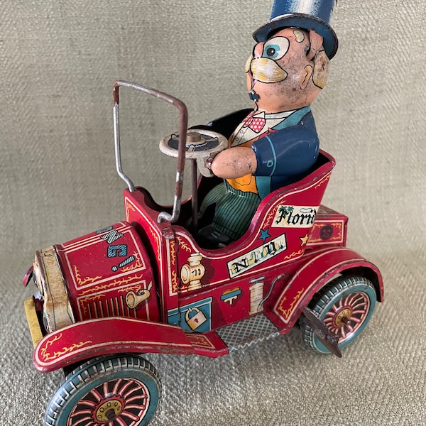 Vintage Tin Toy Wind Up Grandpa’s New Car