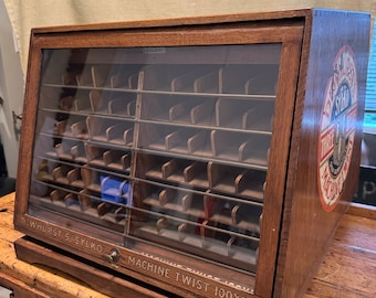 Original Dewhurst’s Sylko Rotating Oak Spool Chest with Double Glass Doors, Haberdashers Display