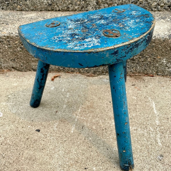 The Blue Stool, 19th Century Danish Blue 3 Leg Farm Stool