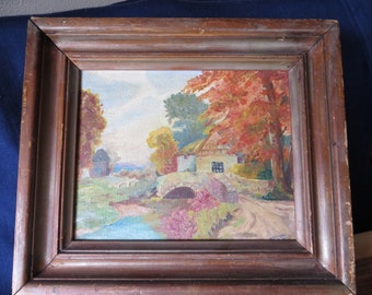 lovely Antique Primitive Folk Art Oil Painting