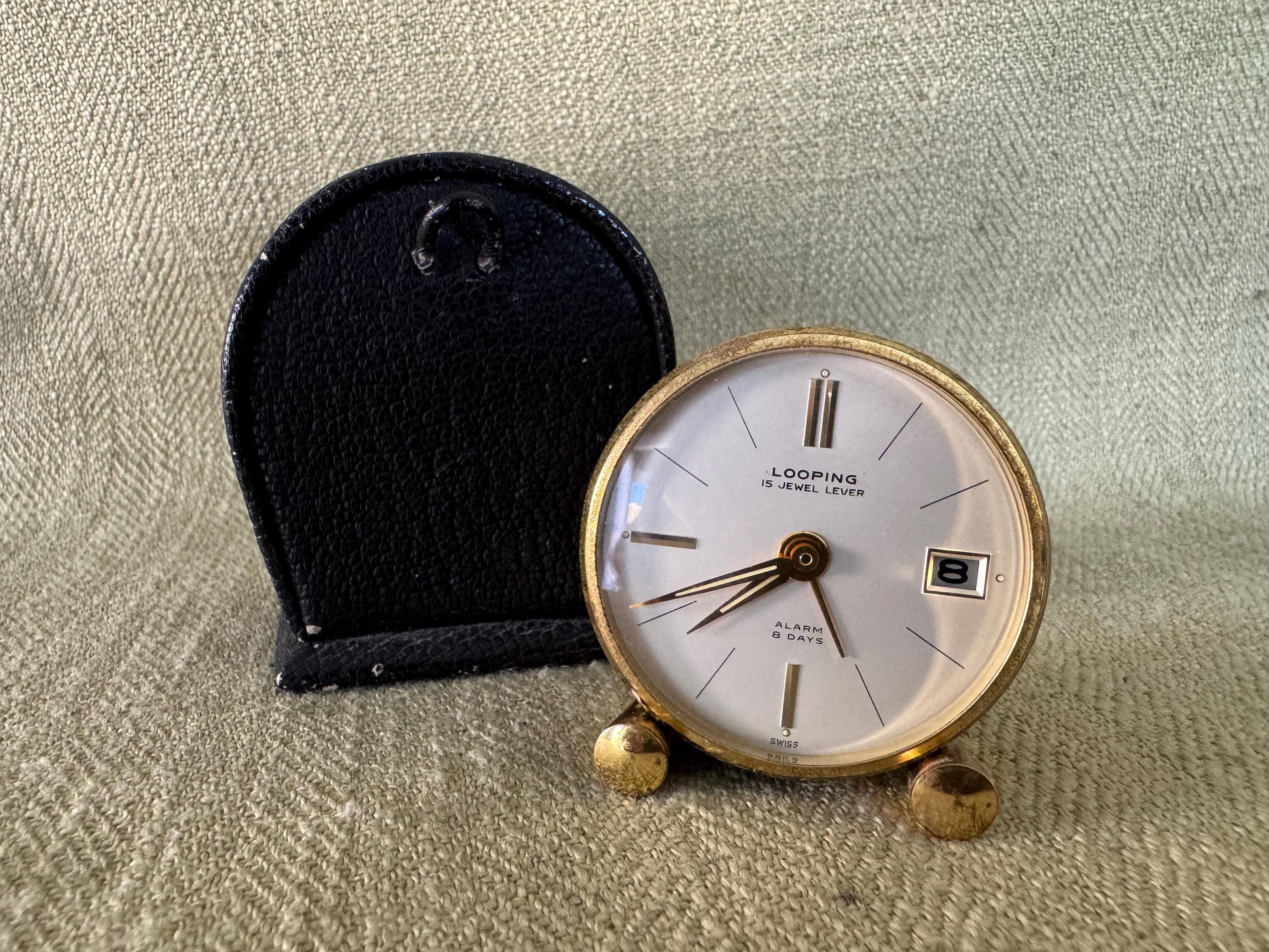Art Deco 1940's-50's Miniature Swiss Travel Alarm Clock, Looping