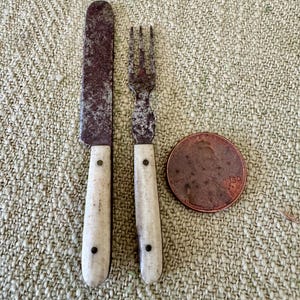 Tiny 19th Century Miniature Bone Handle Fork And Knife