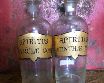 Antique 19th Century Large Boston Apothecary Bottles, hand painted labels