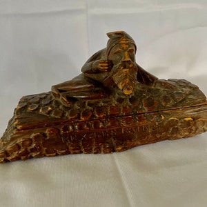 Antique Carved Wood French Casket, Gnome on Log