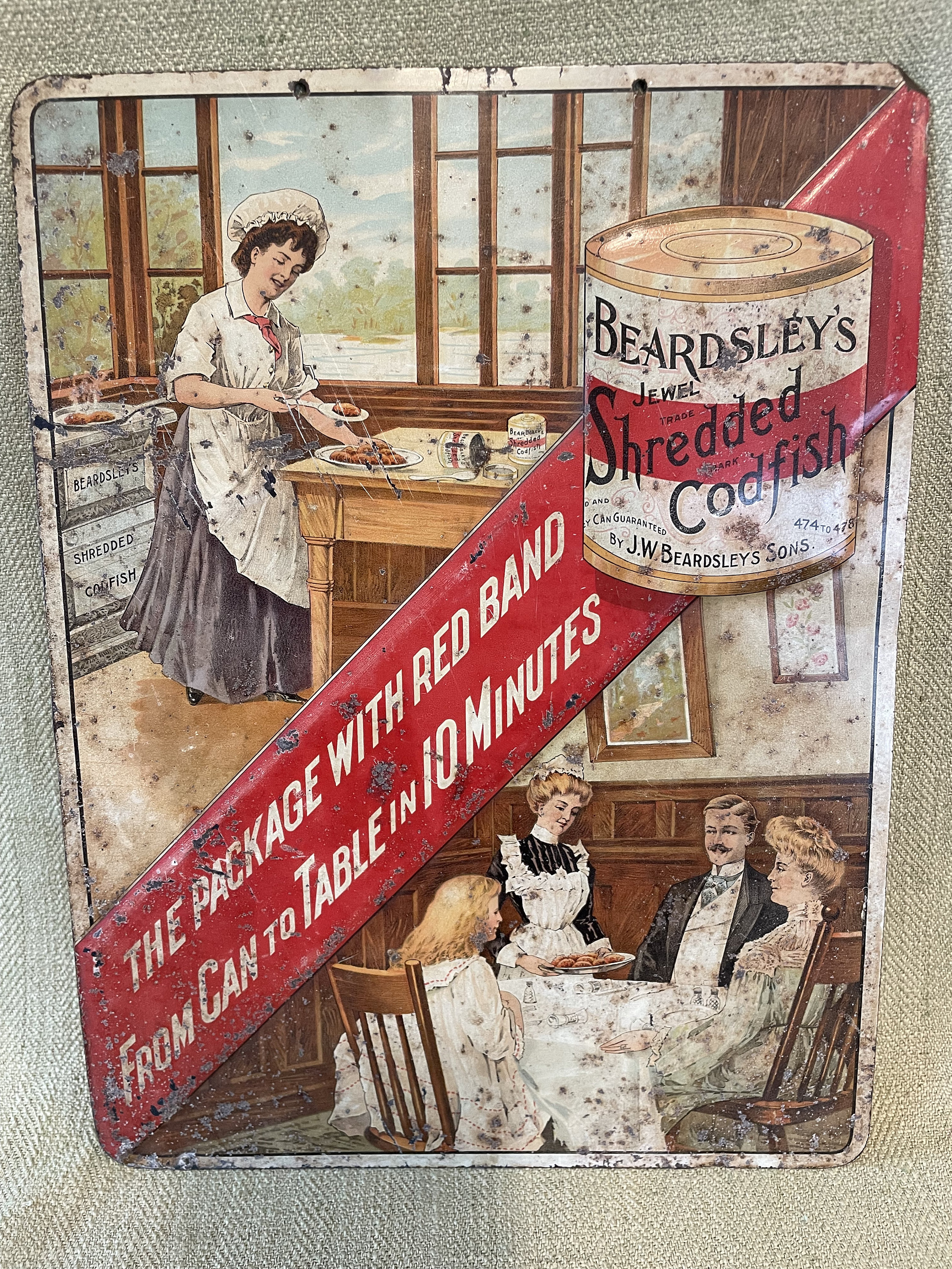 Rare Antique Beardsley's Shredded Codfish Embossed Tin Advertising